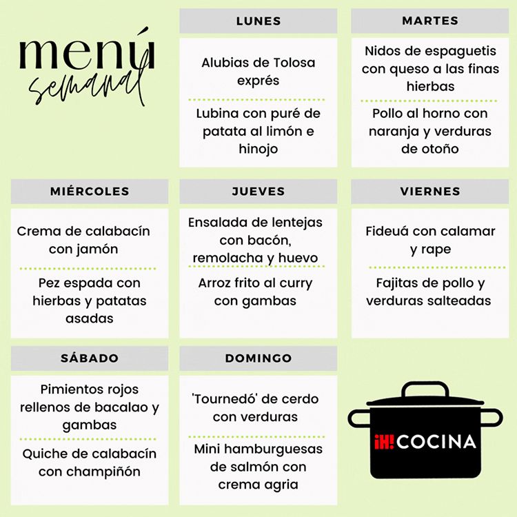 MENÚ SEMANAL DEL LUNES 16 AL DOMINGO 2 DE OCTUBRE