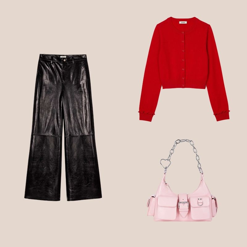 pantalon de cuero negro con chaqueta roja y bolso rosa