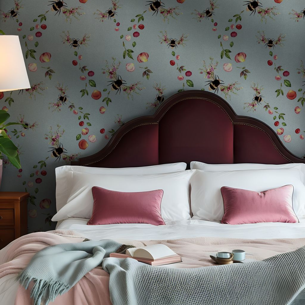 Dormitorio con papel pintado en la pared