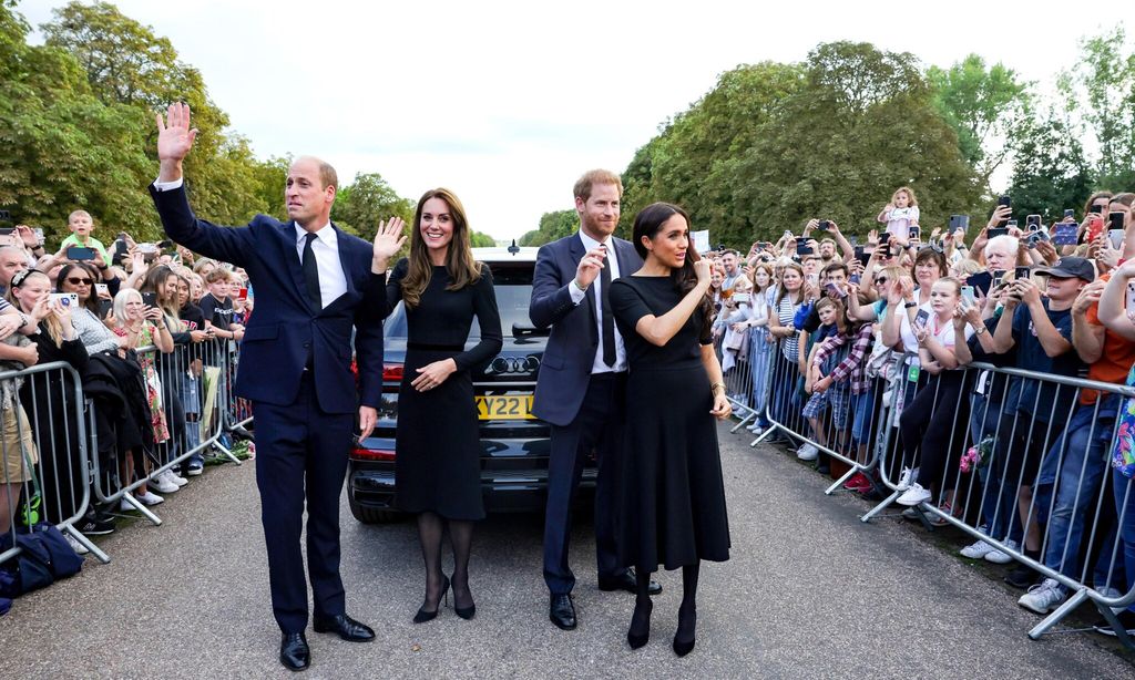 catherine princess of wales prince william prince of wales prince harry duke of sussex and meghan duchess of sussex on the long walk at windsor castle on september 10 2022 in windsor england 