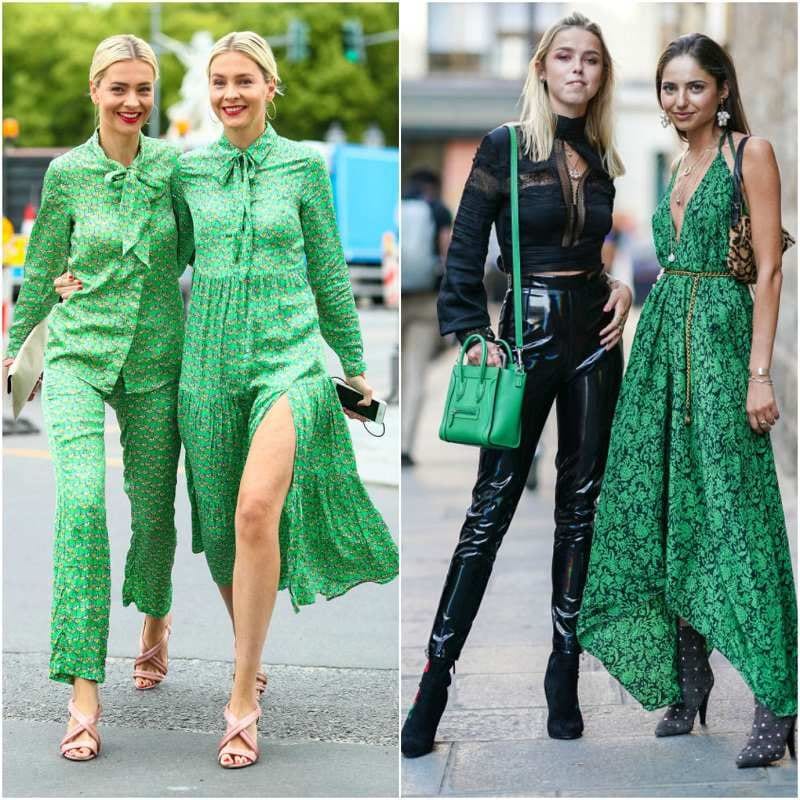 Vestidos y bolso verde en el street style