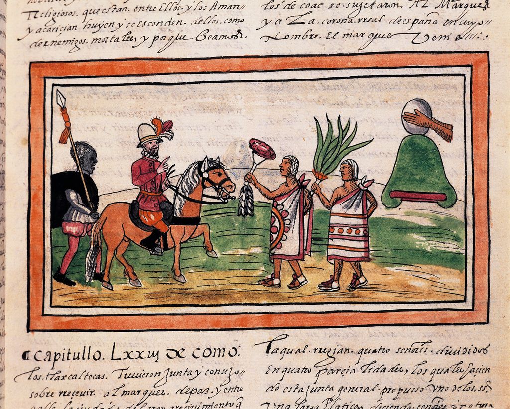 Códice de Diego Durán del siglo XVI. Hernán Cortés siendo recibido ór las tribus mesoamericanas 