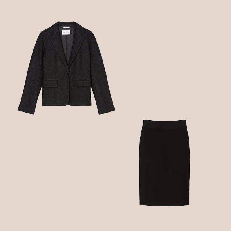 Traje negro de blazer y falda lapiz