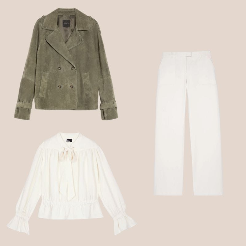 trench de ante, camisa blanca y jeans blancos