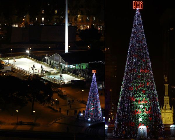 Vista aérea nocturna de la Gran Pista y el árbol de Navidad de ¡HOLA!
