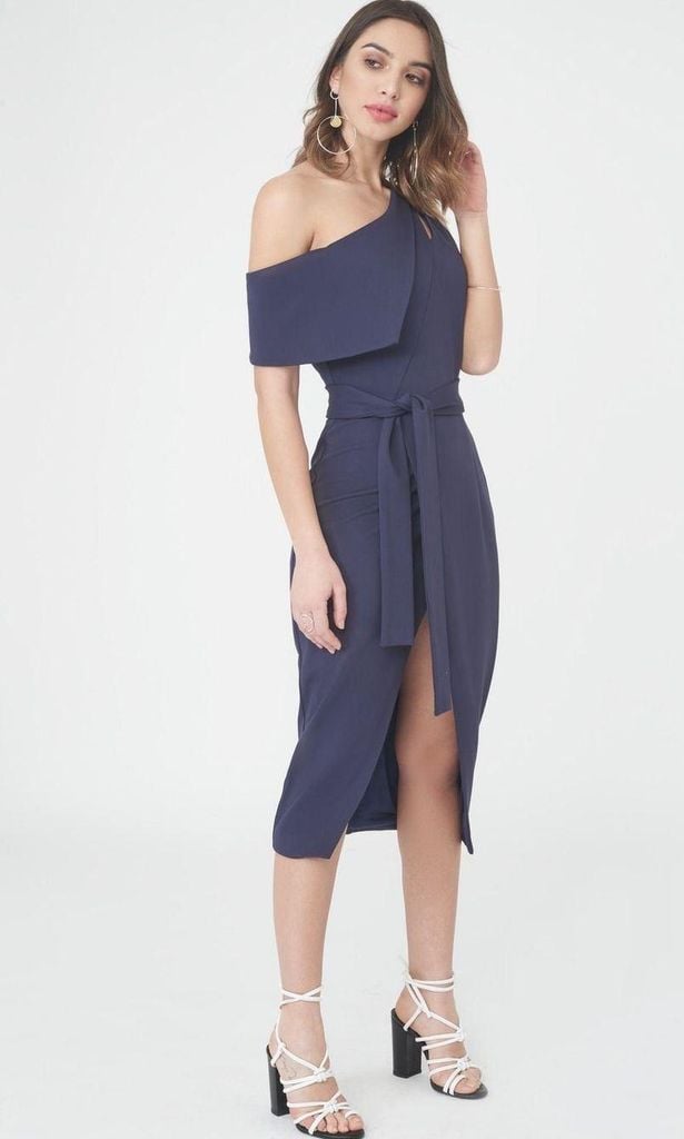 asymmetric midi dress in navy de lavish alice