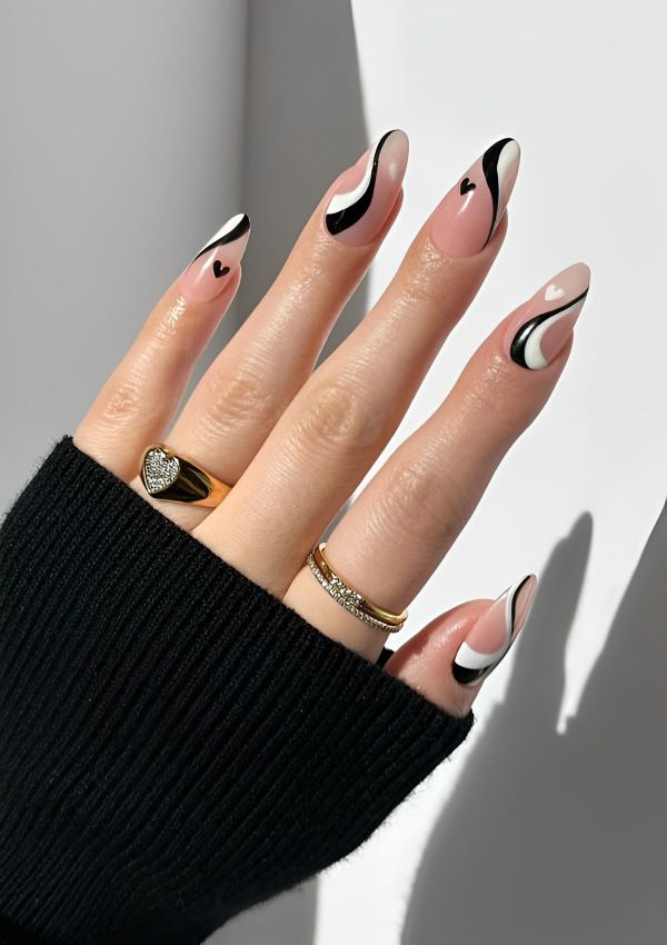 swirl nails blenco negro