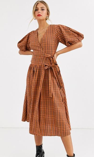 wrap midi dress with puff sleeves in check de asos
