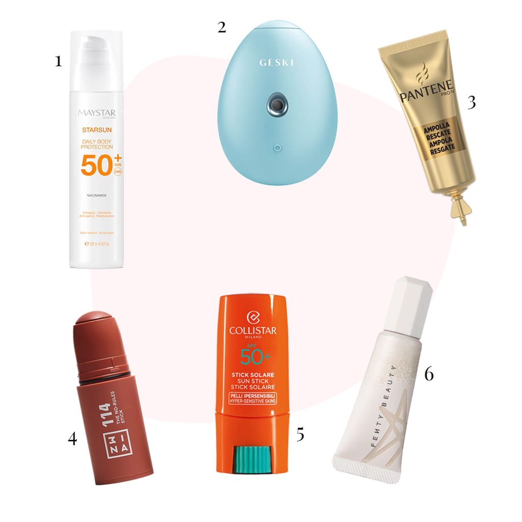 1) 'Starsun Daily Body Protection', Maystar Skincare / 2) 'Facial Hydration Refresher', Geske / 3) 'Ampolla Rescate', Pantene / 4) 'The No-Rules Stick', 3INA / 5) 'Stick Solar SPF 50+', Collistar / 6) 'Liquid Killawatt', Fenty Beauty