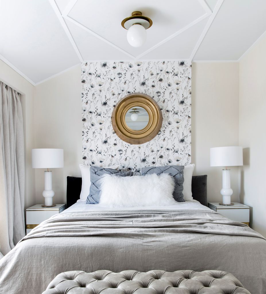 Headboard wall with wallpaper and mirror