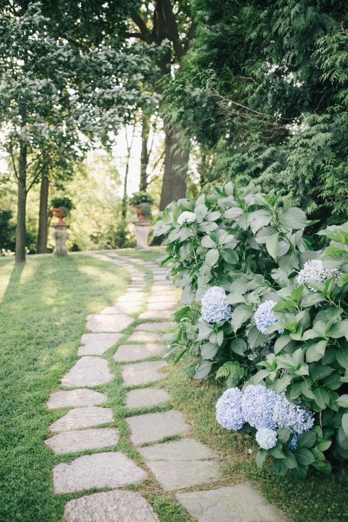 Camino con losetas de piedra y con hortensias en flor