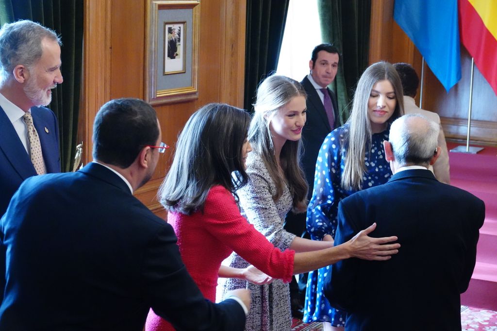 OVIEDO ASTURIAS, SPAIN - OCTOBER 25: (L-R) King Felipe VI and Queen Letizia, together with the Princess of Asturias and the Infanta receive in audience the recipients of the 2024 Princess of Asturias Medals at the Hotel La Reconquista, on 25 October, 2024 in Oviedo, Asturias, Spain. This reception is part of the events leading up to the 2024 Princess of Asturias Awards Ceremony. This edition highlights the prominence of DoÃ±a Leonor due to her coming of age and her tenth anniversary as honorary president of the foundation that awards the prizes. (Photo By Xuan Cueto/Europa Press via Getty Images)