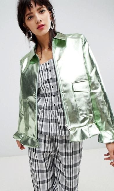 francy metallic pu frill trucker jacket de resume