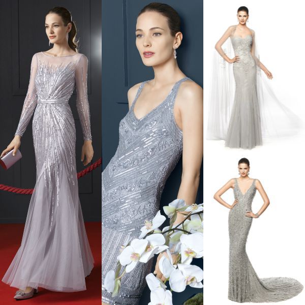 Vestidos de la colección Cocktail de Rosa Clará para 2015, y de Pronovias, con looks de ceremonia en gris con lentejuelas y pedrería, también para la actual primavera-verano.
