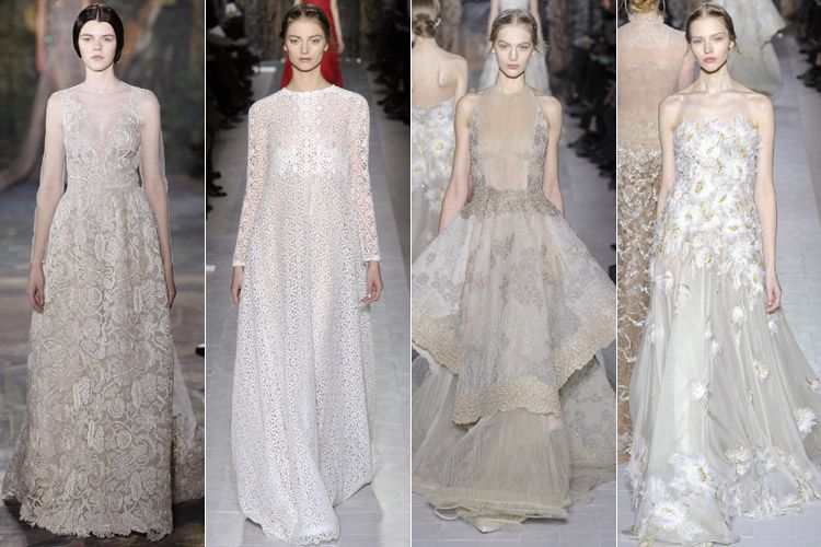 Entre las propuestas de Valentino se encuentran: Un vestido con bordados de inspiración floral en hilo plateado, el escote, en ‘v’, dibuja un tatuaje sobre la piel bajo una capa de tul con cuello a la caja y manga larga; un diseño calado de manga larga con cuello redondo y falda de vuelo; una espectacular propuesta en gris combinado con cuello redondo, hombros descubiertos y falda en cascada con bordados en plata y bajo de tul y una elección romántica y juvenil, adornada con flores en blanco y dorado que cubren el cuerpo, con escote palabra de honor, y caen sobre la falda, que termina en cola
