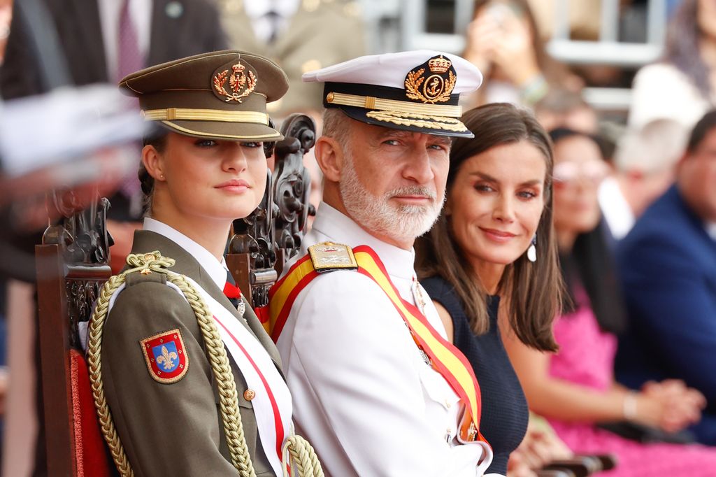 Princesa Leonor, Felipe VI, reina Letizia. Julio 2024. Academia de Marín (Pontevedra)