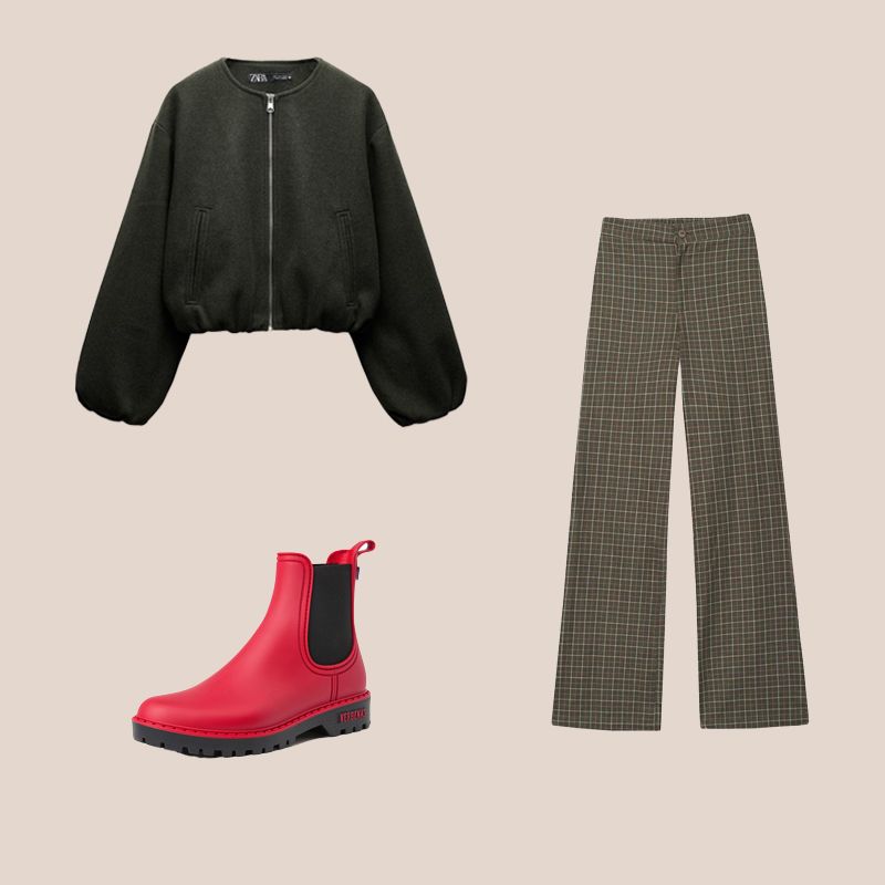 botas rojas con pantalones de cuadros verde y bomber