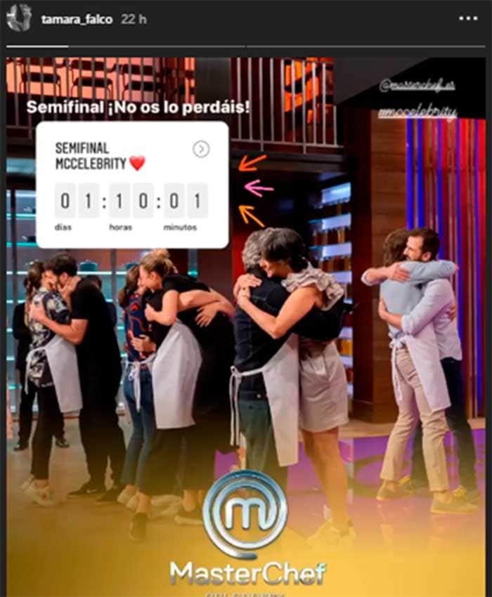 Tamara Falcó animando a sus fans a que vean la semifinal de MasterChef Celebrity