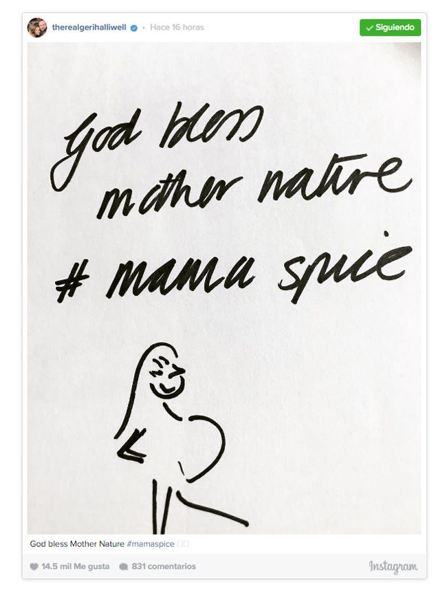 La ex Spice Girl ha confirmado la feliz noticia a través de las redes sociales. "God bless Mother Nature" (Dios bendiga a la madre naturaleza), dice el texto que acompaña el dibujo de una embarazada publicado en su cuenta personal de Instagram
