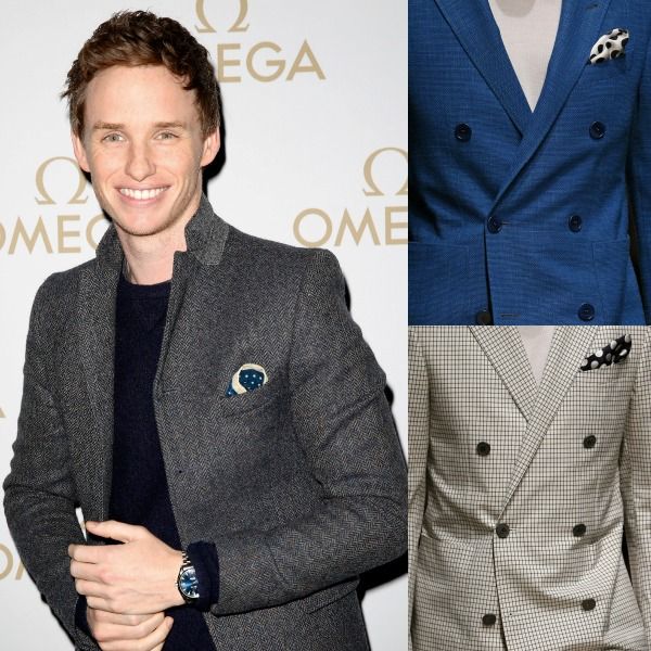 Eddie Redmayne, con un sencillo pañuelo de topos en la chaqueta, que cambia por completo este blazer gris.
