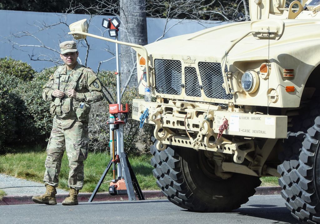 Members of the National Guard are seen outside of Ben Affleck's home on January 17, 2025 in Pacific Palisades, California. (Photo by MEGA/GC Images)