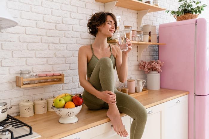 mujer tomando agua en la cocina