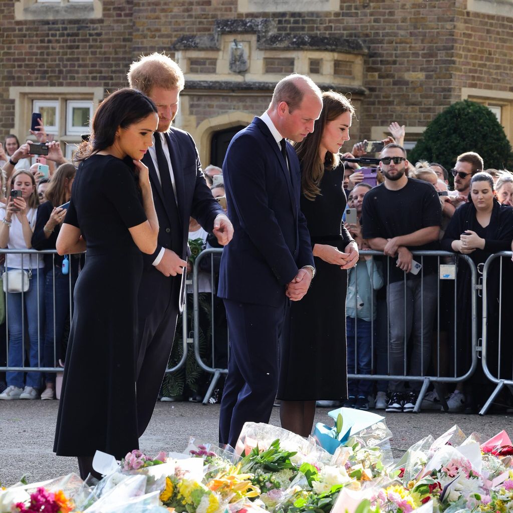 catherine princess of wales prince william prince of wales prince harry duke of sussex and meghan duchess of sussex on the long walk at windsor castle on september 10 2022 in windsor england 