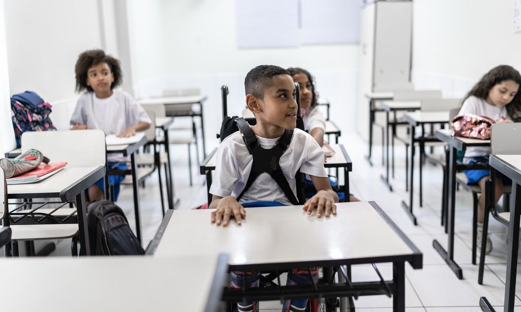 Students studying in the classroom including a disability boy