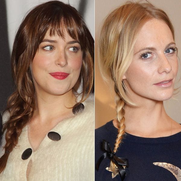 La chica de moda gracias a su papel en Cincuenta sombras de Grey, Dakota Johnson, combina la trenza hacia un lado con flequillo y algunos mechones sueltos.
