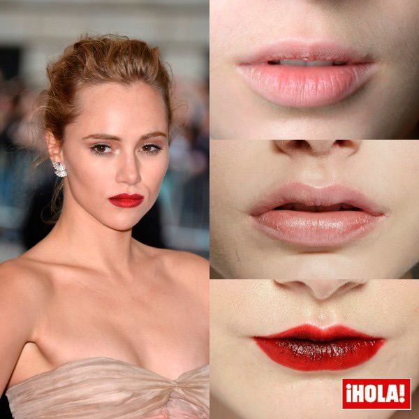 Suki Waterhouse con labios rouge que adquieren volumen gracias a la tonalidad ciruela del exterior.
