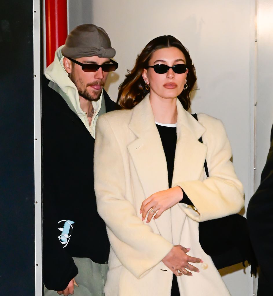 Justin Bieber and Hailey Bieber seen leaving iPic Theater in Financial District on February 05, 2025 in New Yo on February 05, 2025 in New York City. (Photo by Raymond Hall/GC Images)