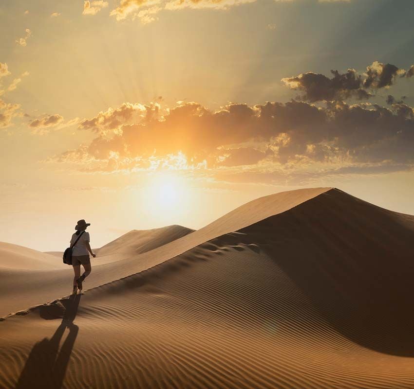 Viaje al desierto y paseo por las dunas de arena bajo el sol