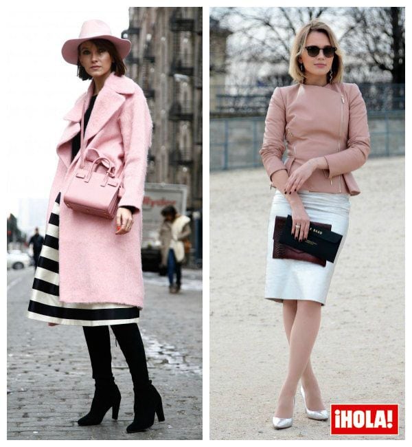 Este look parisino apuesta por una chaqueta de piel ceñida en blush, mezcla de biker con chaqueta de manga francesa y volante peplum, y falda lápiz en color perla.
