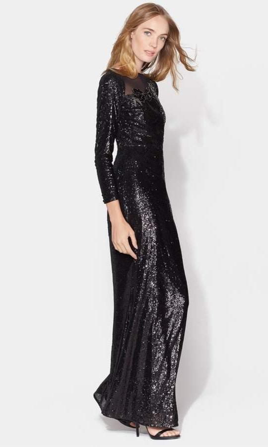 halston long sleeve sequin gown