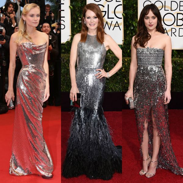 Dakota Johnson en los Globo de Oro de este año, con un vestido disco ball en '50 sombras' de plata, de Chanel.
