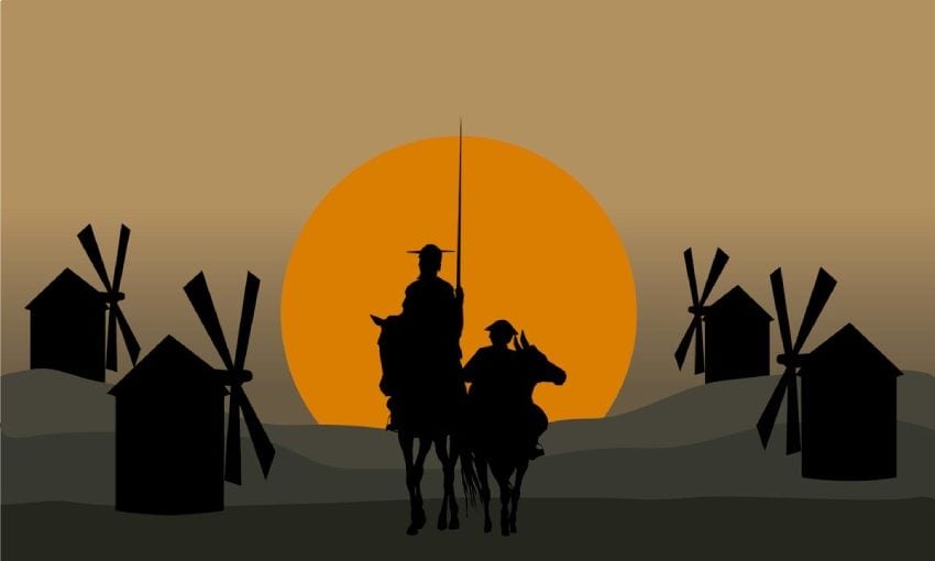 Ilustración de don Quijote de la Mancha y Sancho Panza junto a los molinos de viento