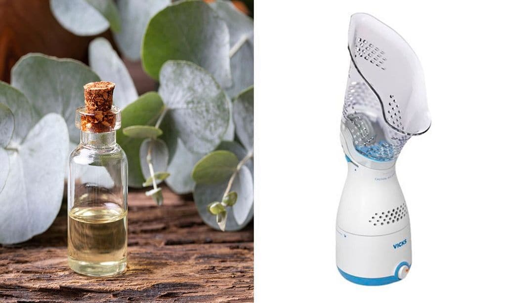 collage of eucalyptus oil and leaves next to a plastic vicks personal sinus inhaler vih200 41 93 