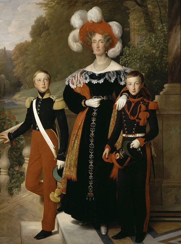 La reina María Amelia de Borbón con sus dos hijos, Enrique de Orleans, duque de Aumale y Antonio de Orleans, duque de Montpensier
