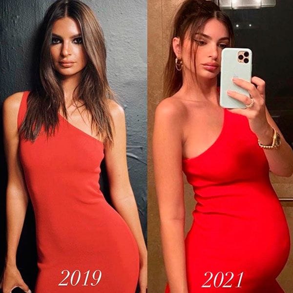 Antes y después del embarazo de Emily Ratajkowski en el mismo vestido