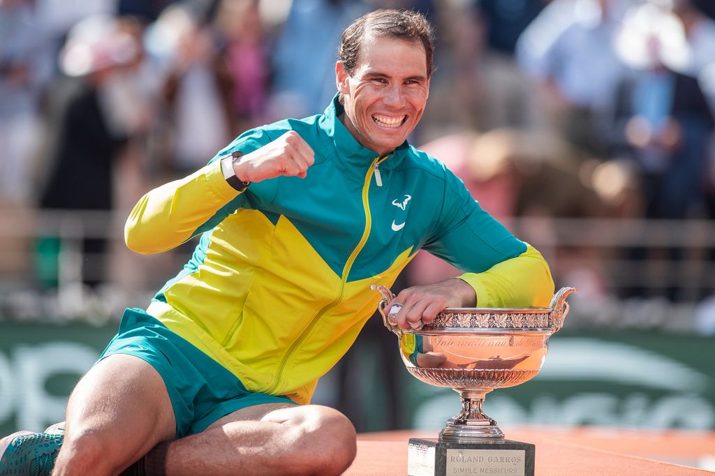 PARIS, FRANCE JUNE 5. Rafael Nadal of Spain with the winners trophy after his victory against Casper Rudd of Norway during the Singles Final for Men on Court Philippe Chatrier at the 2022 French Open Tennis Tournament at Roland Garros on June 5th 2022 in Paris, France. (Photo by Tim Clayton/Corbis via Getty Images)