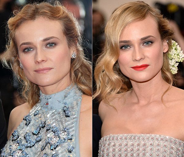 Eyeliner negro y labios rojos, las claves del maquillaje más intenso de Diane Kruger frente a su look más romántico, con una base muy natural, labios nude y sombras en tonos rosados muy claros.
