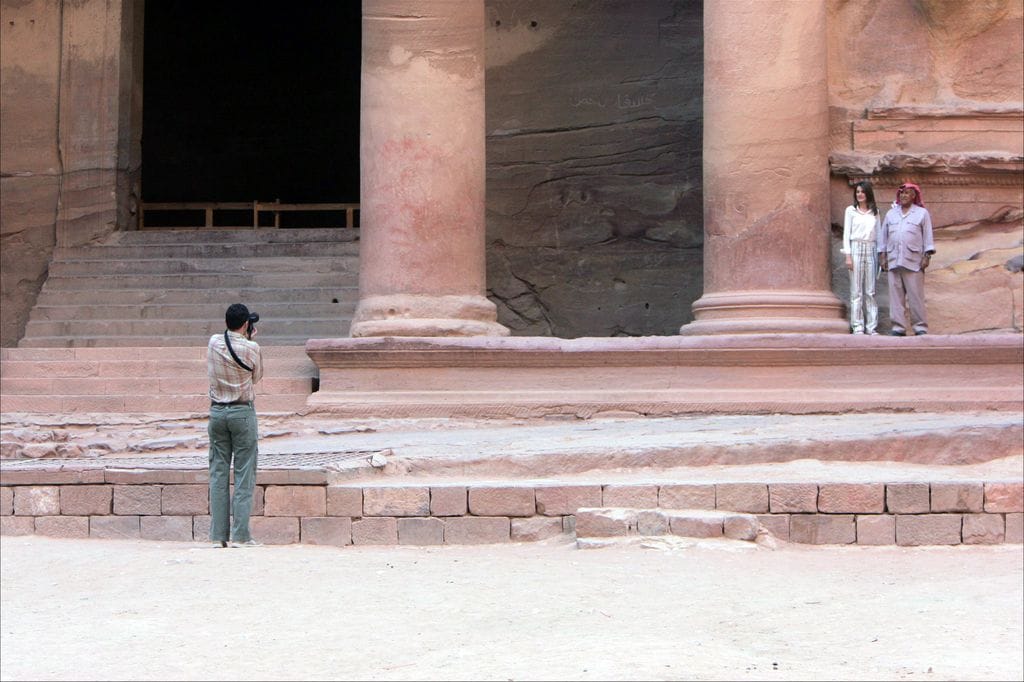 Don Felipe photographs Doña Letizia during their visit to the lost city of Petra on their honeymoon during the last week of May 2004