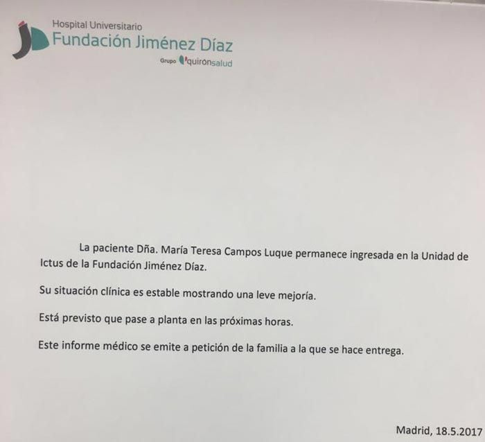 Parte médico de María Teresa Campos del jueves