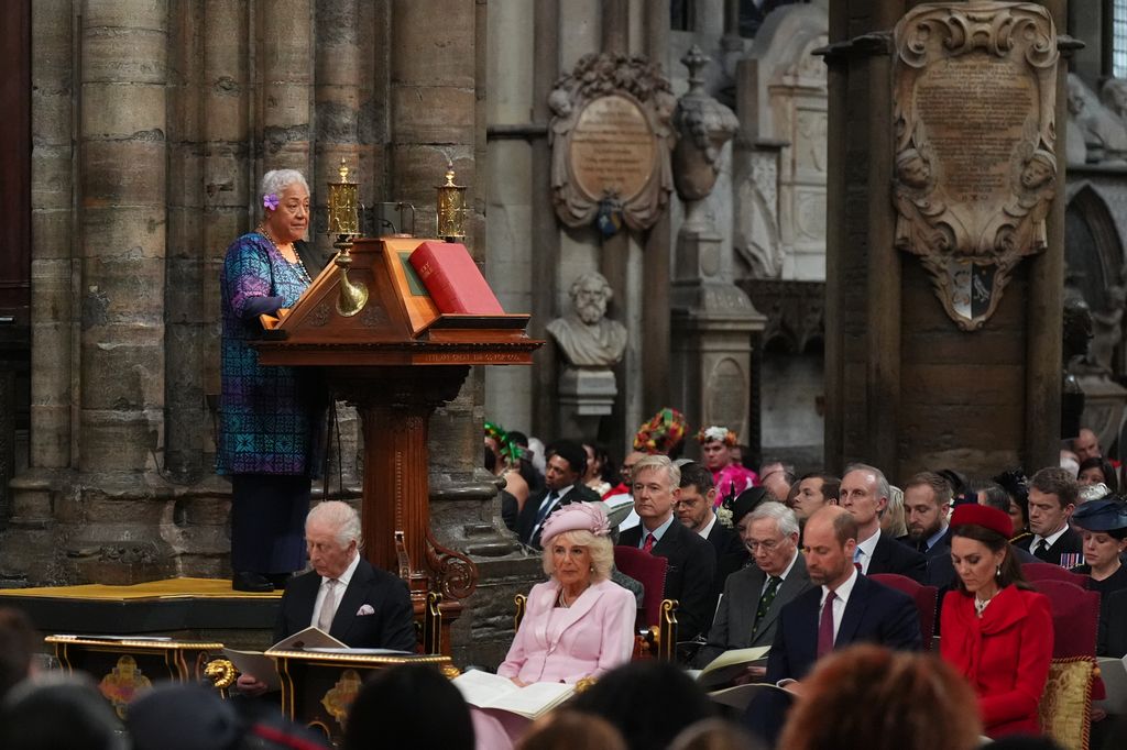 LONDON, ENGLAND - MARCH 10: King Charles III, Queen Camilla, Prince William, Prince of Wales and Catherine, Princess of Wales listen to Samoan Prime Minister Afioga Fiame Naomi Mata'afa during the Commonwealth Day Service of Celebration at Westminster Abbey on March 10, 2025 in London, England. (Photo by Aaron Chown - WPA Pool/Getty Images)