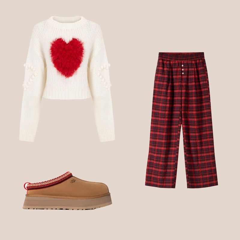 jersey de corazon con pantalones de cuadros pijameros y UGG