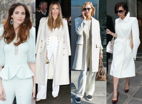 El monoblocking es la tendencia opuesta al color-block, incorporando un abrigo blanco sobre un estilismo en una tonalidad parecida. Lo llevan Eugenia Silva, Jennifer López, Karlie Kloss y Victoria Beckham.
