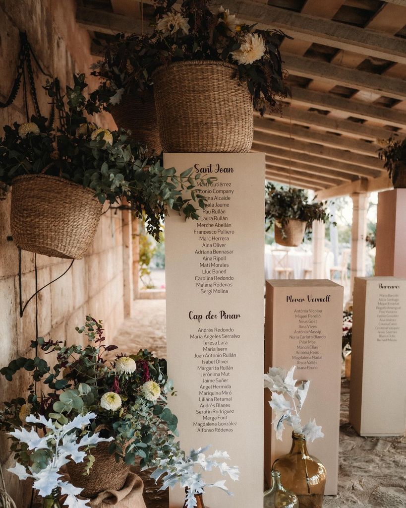 Seating plan con cestos de flores para boda