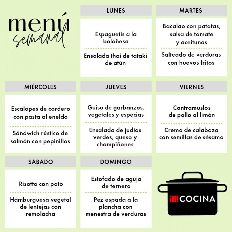 MENÚ SEMANAL DEL LUNES 1 AL DOMINGO 7 DE ABRIL