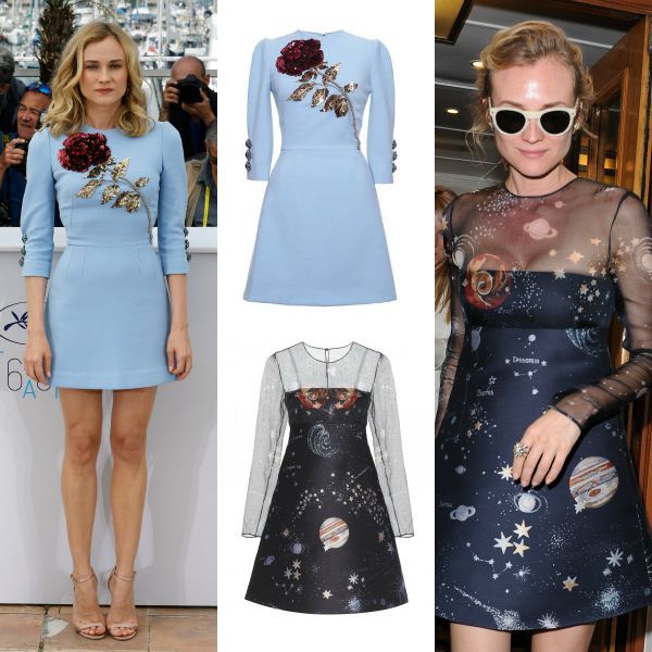 El estampado de galaxias está de moda esta temporada gracias a la 'colección Crucero' de Valentino. Diane Kruger ha sido de las primeras en lucirlo, optando en su caso por este minivestido con falda de línea 'A' con mangas con panel transparente y costuras vistas (3.078 €, en Mytheresa.com). Las gafas son sus favoritas, de Rag & Bone.
