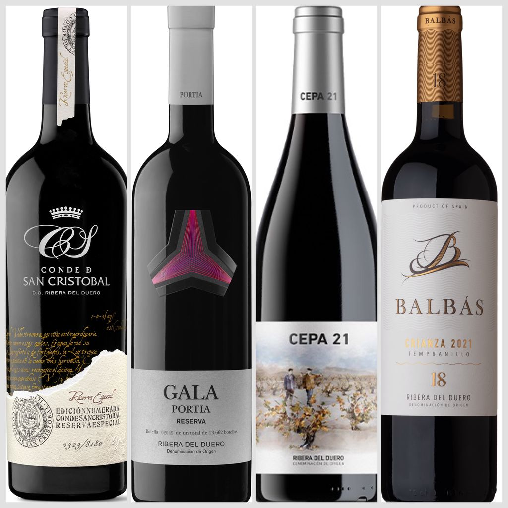 Vinos tintos de Ribera del Duero: Conde de San Cristóbal Reserva Especial 2019; Portia Gala; Cepa 21 y Balbás Crianza 2021